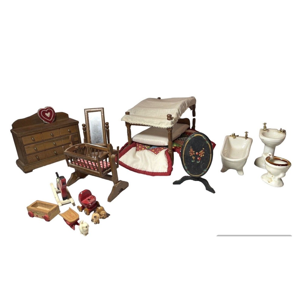 Vintage Miniature Dollhouse Furniture - Bedroom Lot Canopy Bed Baby Bed Cat Dog